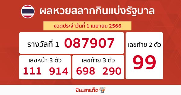ผลหวยรัฐบาลไทย 1/4/66