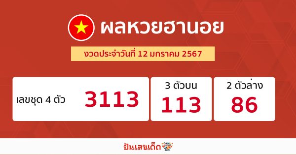 ผลหวยฮานอย 12/1/67 อัปเดตผลหวย หวยฮานอย เวียดนาม ก่อนใคร ได้ที่นี่!!