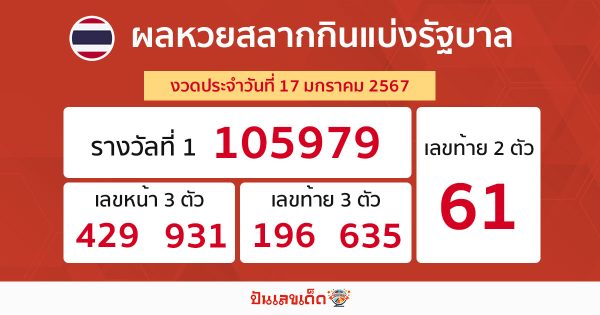 ผลหวยรัฐบาลไทย 17/1/67-"thai-government-lottery-results-17-1-67"