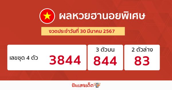 ผลหวยฮานอยพิเศษ 30/03/67 -"Special Hanoi lottery results 30-03-67"