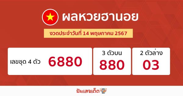 ผลหวยฮานอย 14/05/67-"Hanoi lottery results 14/05/67"