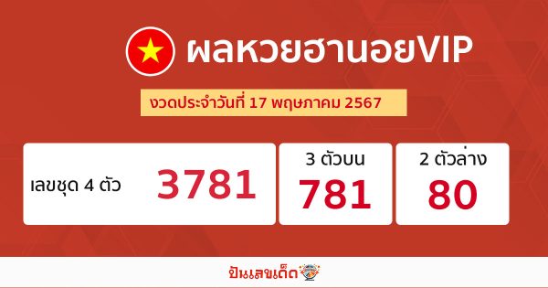 ผลหวยฮานอยVIP 17/05/67-"Hanoi VIP lottery results 17-05-67"