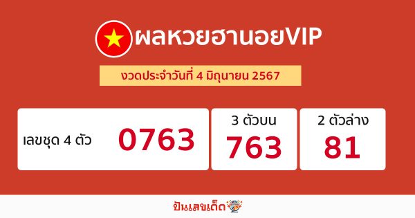 ผลหวยฮานอยVIP 4/06/67-"Hanoi VIP lottery results 4 06 67"