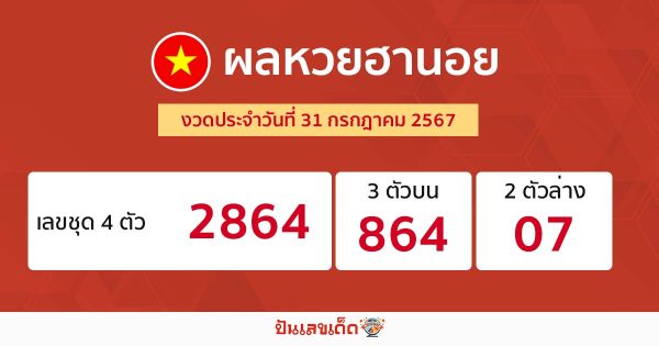 ผลหวยฮานอย 31/7/67-"Hanoi lottery results 31-7-67"