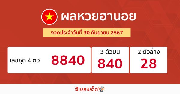 ผลหวยฮานอย 30/09/67 - "Hanoi lottery results 30.09.67"