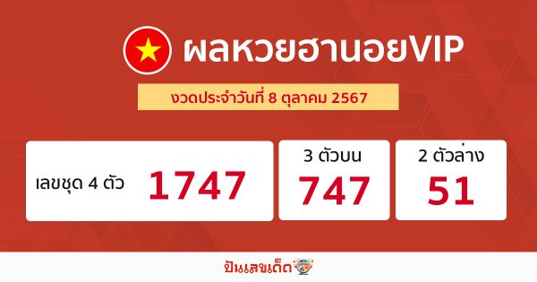 ผลหวยฮานอยVIP 8/10/67 -"Hanoi VIP lottery results"