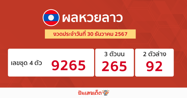 ผลหวยลาว 30/12/67-"Lao lottery results 30/12/67"
