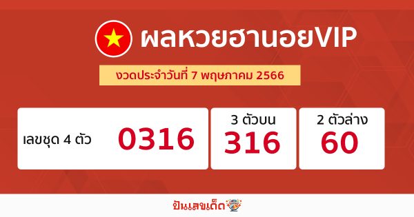 ผลหวยฮานอยVIP 7/05/66-punlekded.com