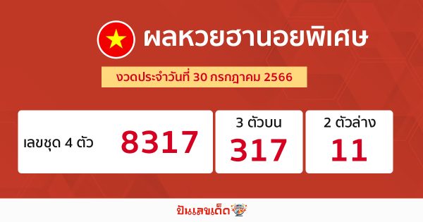 ผลหวยฮานอยพิเศษ 30/7/2566