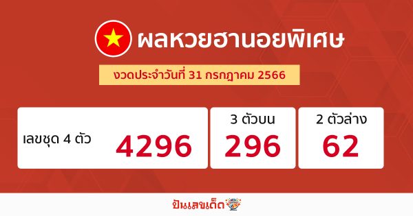 ผลหวยฮานอยพิเศษ 31/07/66