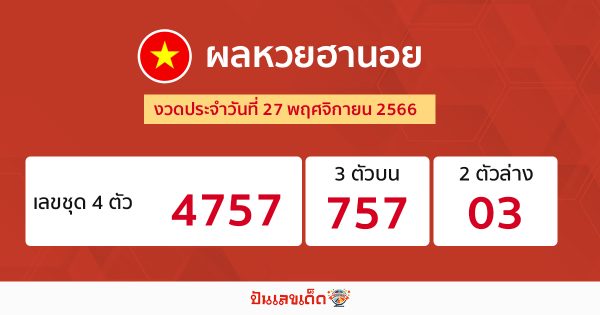 ผลหวยฮานอย 27/11/66-"Hanoi lottery results 27-11-66"