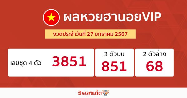 ผลหวยฮานอยVIP 27/1/67-"Hanoi VIP lottery results 27/1/67"