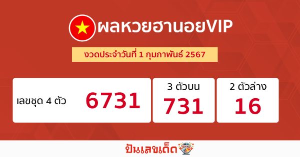 ผลหวยฮานอยVIP 1/02/67-"Hanoi VIP lottery results."