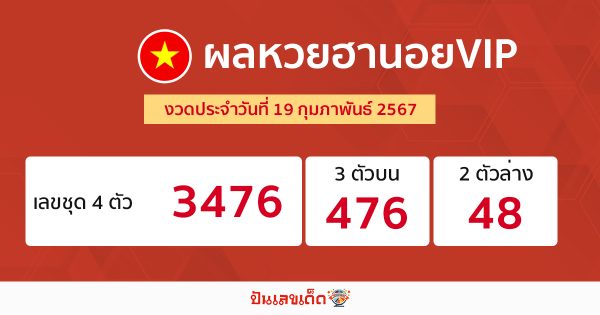 ผลหวยฮานอยVIP 19/02/67 -"Hanoi VIP lottery results 19/02/67"