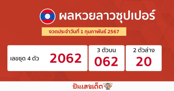 ผลหวยลาวซุปเปอร์ 1/02/67-"Lao Super Lottery results."