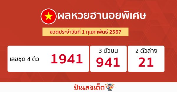 ผลหวยฮานอยพิเศษ 1/02/67-"Special Hanoi lottery results."