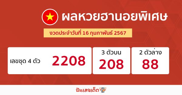 ผลหวยฮานอยพิเศษ 16/02/67-''Special Hanoi lottery results 16/02/67''