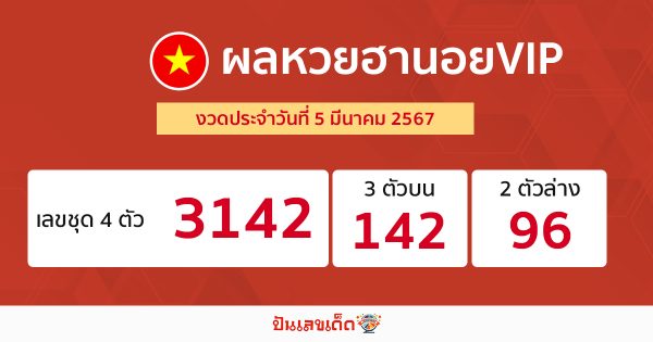 ผลหวยฮานอยVIP 5/03/67-"Hanoi VIP lottery results 5/03/67"