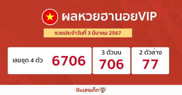 ผลหวยฮานอยVIP 3/03/67 - "Hanoi VIP lottery results 30367"
