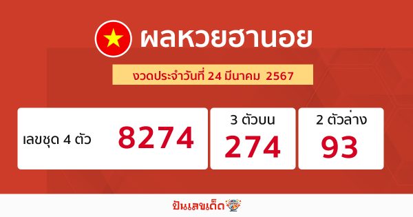 ผลหวยฮานอย 24/03/67 - "Hanoilottery results 24 3 67"