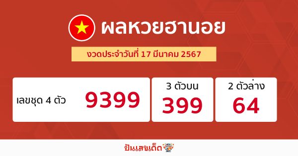 ผลหวยฮานอย 17/03/67-"Hanoi lottery results 17/03/67"
