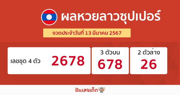 ผลหวยลาวซุปเปอร์ 13/03/67-"Lao Super Lottery results 13-3-67"