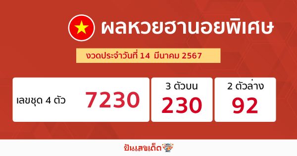 ผลหวยฮานอยพิเศษ 14/03/67-"Special Hanoi lottery results 14-03-67"