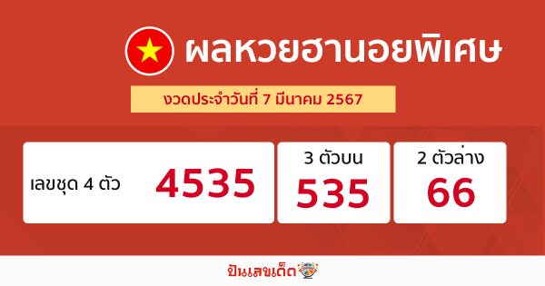 ผลหวยฮานอยพิเศษ 7/03/67-"Special Hanoi lottery results 7-3-67"