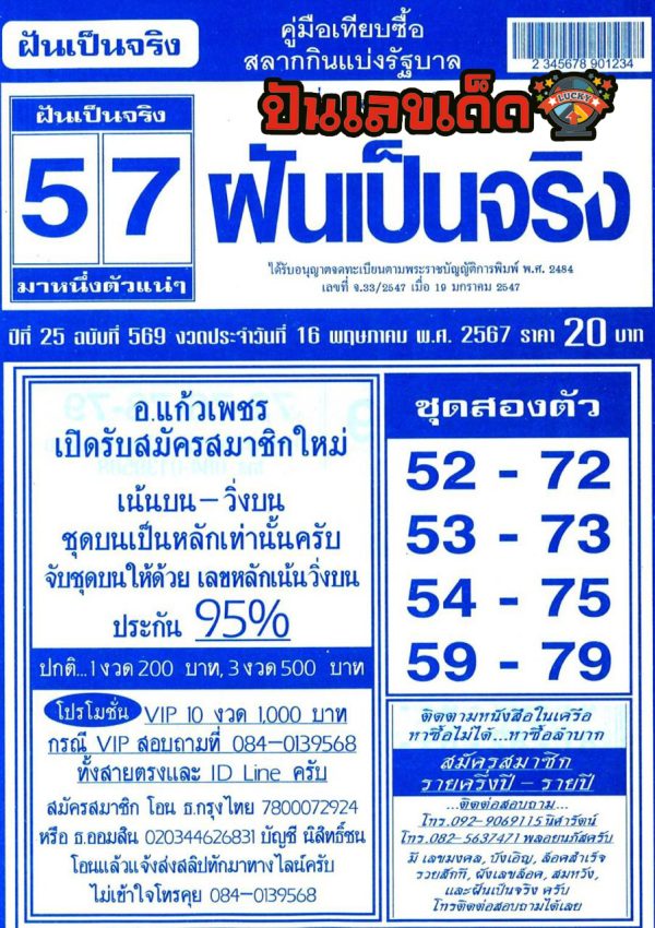 เลขฝันเป็นจริง 16 5 67 -"Dream numbers come true: 16 5 67"