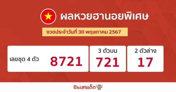 ผลหวยฮานอยพิเศษ 30/05/67-"Special lottery results 30-05-67"