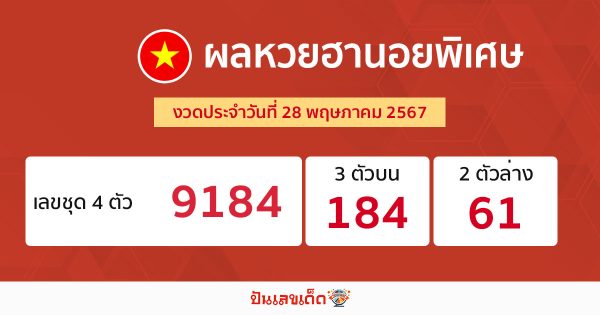 ผลหวยฮานอยพิเศษ 28/05/67-"Special Hanoi lottery results."