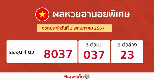 ผลหวยฮานอยพิเศษ 01/05/67-"Special Hanoi lottery results 01 05 67"