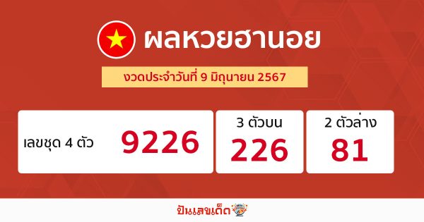 ผลหวยฮานอย 9/06/67-"Hanoi lottery results 90667"