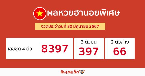 ผลหวยฮานอยพิเศษ 30/06/67-"Special Hanoi lottery results 30 06 67"