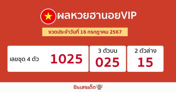 ผลหวยฮานอยVIP 16/07/67-"Hanoi VIP lottery results 16 07 67"