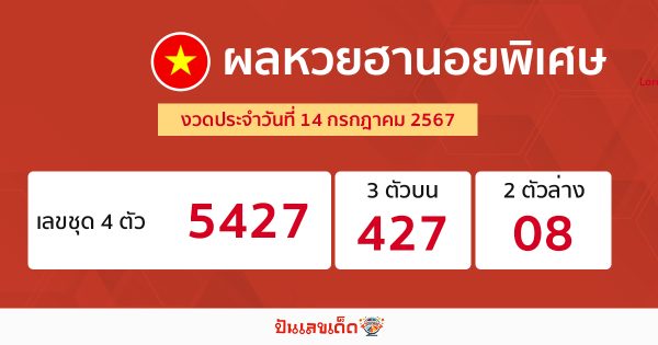 ผลหวยฮานอยพิเศษ 14/07/67 -"special hanoi lottery results 14-07-67"