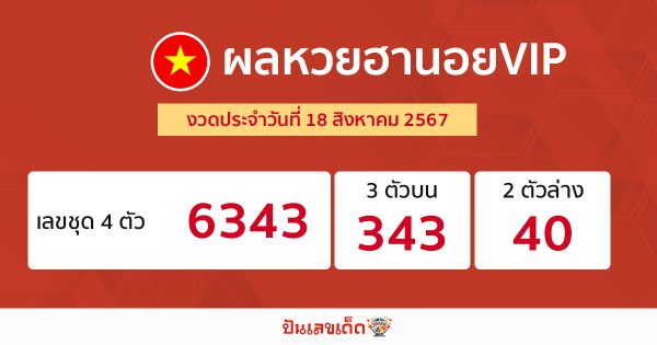 ผลหวยฮานอยVIP 18/08/67 -"Hanoi VIP lottery results 18/08/67"
