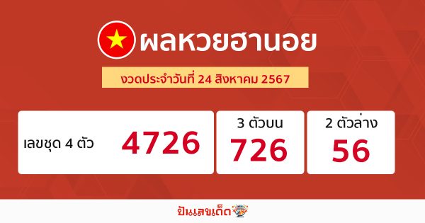 ผลหวยฮานอย 24/08/67 -"Hanoi lottery results 24/08/67"