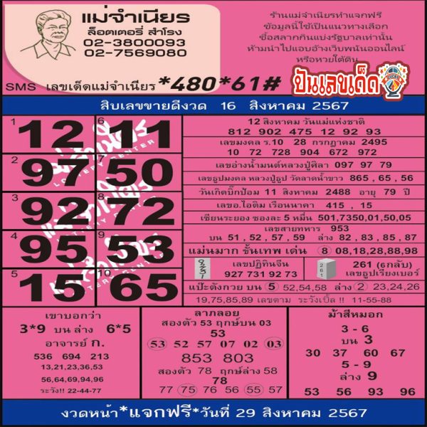 แม่จำเนียร 16 8 67 -"Mae Chamnian lottery guidelines"