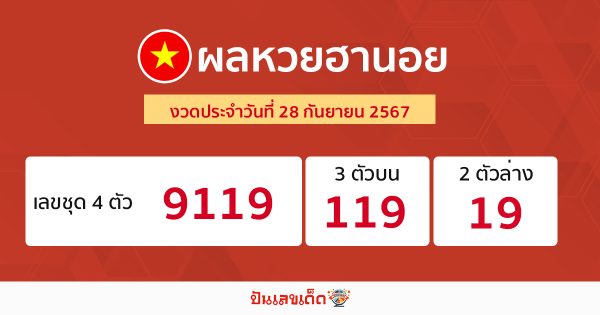 ผลหวยฮานอย 28/09/67 -"Hanoi lottery results 28/09/67"