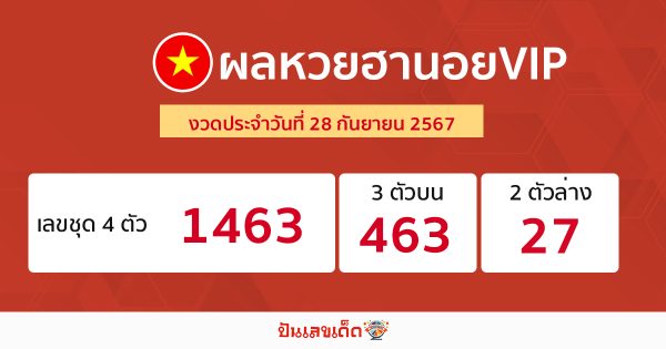 ผลหวยฮานอยVIP 28/09/67 -"Hanoi VIP lottery results 28/09/67"