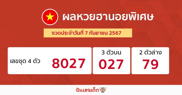 ผลหวยฮานอยพิเศษ 7/09/67-"Special Hanoi lottery results 7/09/67"