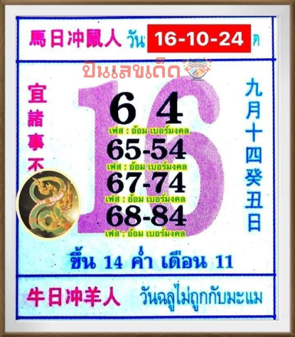เลขปฏิทินจีน16 10 67-"Chinese calendar number"