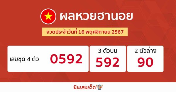 ผลหวยฮานอย 16/11/67 - "Hanoi lottery results 16.11.67"