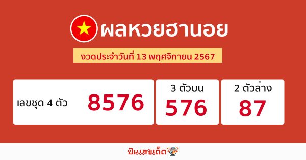 ผลหวยฮานอย 13/11/67 -"Hanoi lottery results 13/11/67"