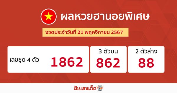 ผลหวยฮานอยพิเศษ 21/11/67-"Special Hanoi lottery results 21/11/67"