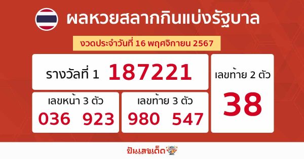 ผลหวยรัฐบาลไทย 16/11/67 - "Thai Government Lottery Results 16.11.67"
