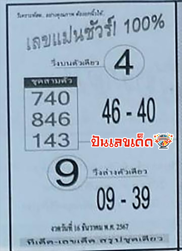 เลขแม่นชัวร์ 100% 16 12 67-"100% accurate number 16 12 67"