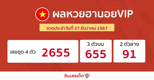 ผลหวยฮานอยVIP 27/12/67 -"Hanoi VIP lottery results today"