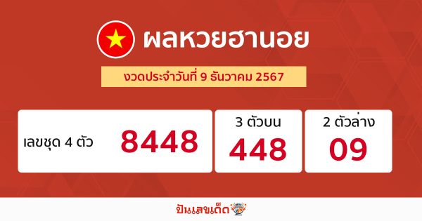ผลหวยฮานอย 9/12/67-"Hanoi lottery results 91267"